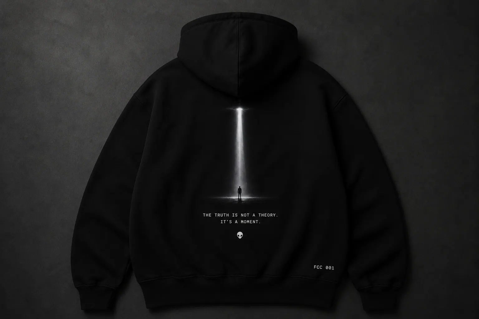 Drop 001 hoodie back with beam artwork